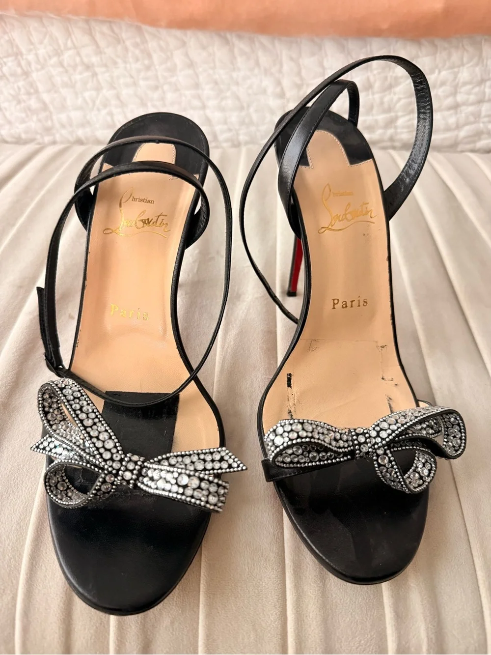 Christian Louboutin Black Satin Crystal Bow Slingback Heels